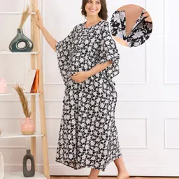 Bella Mama 100% Cotton Woven Maternity Kaftan Nursing Nighty Floral Print - Black-picture-3