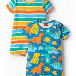 Babyhug 100% Cotton Knit Half Sleeves Striped & Dino Printed Rompers Pack of 2 - Multicolor-image-88