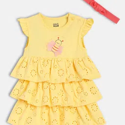 MINI KLUB Cotton Knit Frill Sleeves Schiffli Embroidered Honey Bee Printed Frock Style Onesie With Headband - Yellow-picture-44