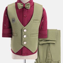 Radutu Full Sleeves Ribbed & Microphone Printed 3 Piece Party Suit With Bow Set - Olive & Maroon-image-56