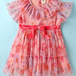 ToffyHouse Woven Flutter Sleeves Party Dress With Floral Print & Frill Detailing - Pink-picture-28