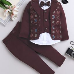 Fourfolds Woven Full Sleeves Floral Embroidered 3 Piece Party Suit Set With Bow - Wine-picture-36