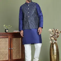 Jompers Ethnic Motifs Printed Mandarin Collar Straight Kurta With Churidar & Nehru Jacket-picture-18
