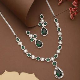 Saraf RS Jewellery Silver Toned Green AD & Pearl Beaded Minimal Designer Jewellery Set-image-75