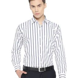 Hancock White & Navy Cotton Slim Fit Striped Shirt-image-6