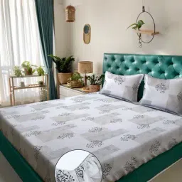 Klotthe Grey Cotton Blend Printed 300 TC King Fitted Bedsheet with 2 Pillow Covers-picture-13