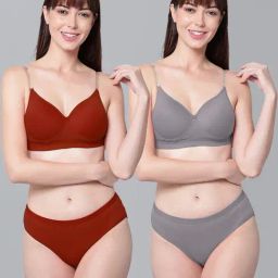 AROUSY Maroon & Grey Cotton Bra Panty Set - Pack Of 2-image-58