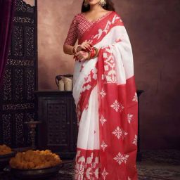 Satrani White & Red Cotton Silk Geometric Print Saree With Unstitched Blouse-3
