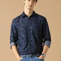 Peter England Navy Cotton Slim Fit Checks Shirt-picture-27