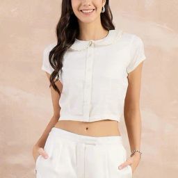 First Resort By Ramola Bachchan Off-White Eco-Chic Vogue Herringbone Crop Shirt-image-77