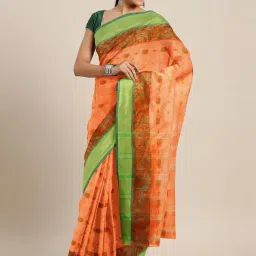 Kalakari India Orange & Green Cotton Woven Saree With Unstitched Blouse-image-41