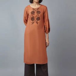 W Brown Floral Print Straight Kurta-image-28