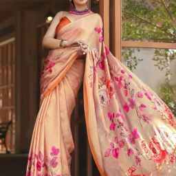 Satrani Beige Printed Saree With Unstitched Blouse-picture-7