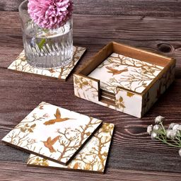 Storepedia 6 Pieces White & Gold-Toned Mosaic Printed Square Wooden Coasters With Stand-image-67
