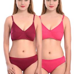 AROUSY Maroon & Pink Cotton Bra Panty Set - Pack Of 2-image-100