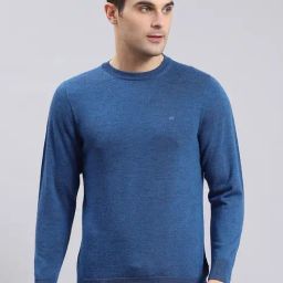 Monte Carlo Blue Pure Wool Regular Fit Solid Pullover-image-23