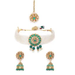 Zaveri Pearls Green Stones Ethnic Pearls Patta Choker Necklace Earring & Maangtikka Set-ZPFK10276-image-53
