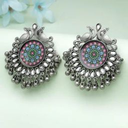 Moedbuille Stones and Ghungru Meenakari Work Oxidised Silver Plated Antique Tribal Earrings-33