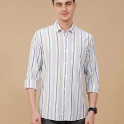 CAVALLO by Linen Club Blue Linen Blend Slim fit Stripes casual shirts-image-83