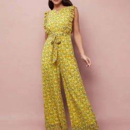 Miss Chase Multicolored Base Yellow Round Neck Sleeveless Floral Wide Leg Regular Jumpsuit-picture-24