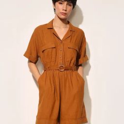 Only Brown Linen Solid Short Sleeves Jumpsuit-image-90
