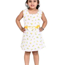 Creative Kid's Girls White & Yellow Cotton Printed Dress-image-42