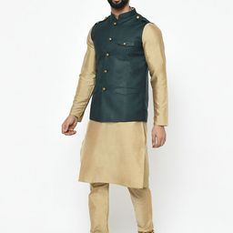 KISAH Men Beige & Green Solid Kurta with Churidar & Nehru Jacket image 5
