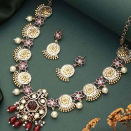 Saraf RS Jewellery Dual Toned Silver Oxidized Maroon Pearl Beaded Floral Statement Jewellery Set-image-18