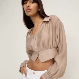 Nuon by Westside Beige Gathered Crop Shirt-image-98