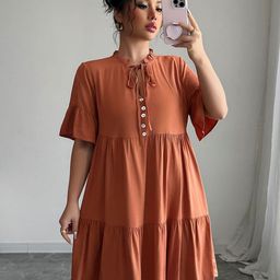 Outzidr Women Tie-Up Neck Tiered Fit and Flare Dress-image-48