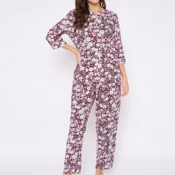 Clovia Purple Rayon Relaxed Fit Floral Print Top & Pyjama-image-66