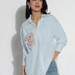 Showoff Blue Cotton Relaxed Fit Embroidered Shirt-picture-34