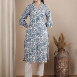 Fashor Blue Pure Cotton Printed Three-Quarter Sleeves Kurta-picture-14