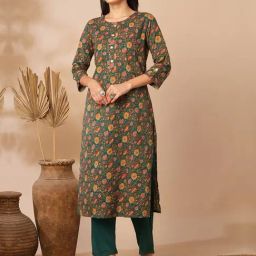 Fashor Green Cotton Floral Three-Quarter Sleeves Kurta-image-25