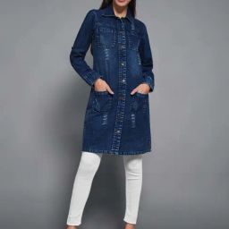 Miss Chase Navy Blue Polo Neck Full Sleeves Patch Pocket Denim Overcoat Knee Length Jacket-13