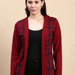 Kryptic Maroon Cotton Regular Fit Checks Shrug-image-28