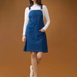 Globus Women Med Blue Square Neck Strappy Shoulder Pocket Detail Above Knee Dungaree-picture-25