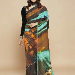 navyasa by liva Brown & Blue Printed Saree With Unstitched Blouse-picture-45