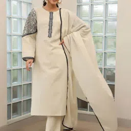 Libas Beige Solid Straight Kurta with Floral Embroidered Sleeves with Solid Palazzo and Dupatta-image-28
