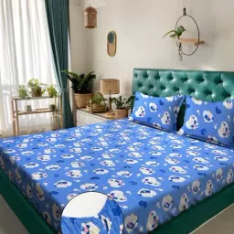 Klotthe Blue Cotton Printed 400 TC King Fitted Bedsheet with 2 Pillow Covers-picture-8