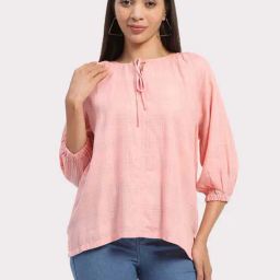 Madame Pink Linen Regular Fit Checks Top-image-15