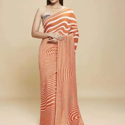 navyasa by liva Orange Striped Saree With Unstitched Blouse-image-24