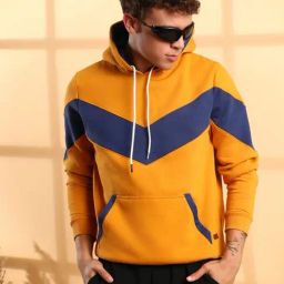 Campus Sutra Yellow Cotton Regular Fit Colour Block Hooded Sweatshirt-10