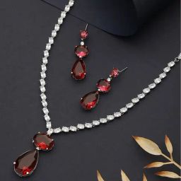 Saraf RS Jewellery Rhodium Red Ruby Luxe Designer Contemporary Jewellery Set-44