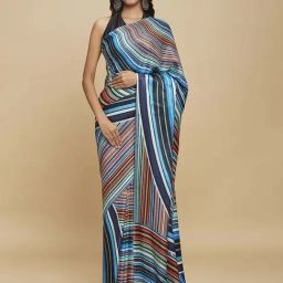 navyasa by liva Blue & Brown Striped Saree With Unstitched Blouse-picture-3