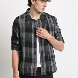 The Bear House Grey Cotton Regular Fit Checks Shacket-image-9