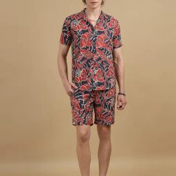 Bushirt Blue & Red Regular Fit Printed Shirt & Shorts Set-picture-4