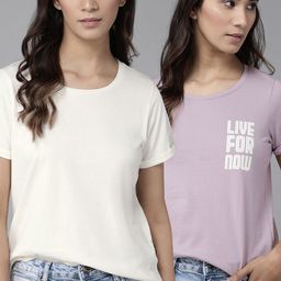 Roadster Women Pack Of 2 Pure Cotton Solid Pure Cotton T-shirts-image-5