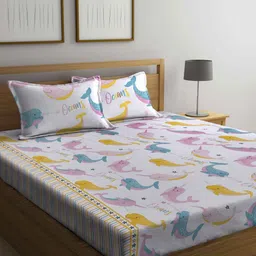 Aura White & Multicoloured Cartoon Characters 300 TC King Bedsheet with 2 Pillow Covers-13