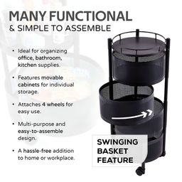 Aura Black Metal 4-Layer Rotating Multipurpose Storage Rack Trolley With Wheels image 2